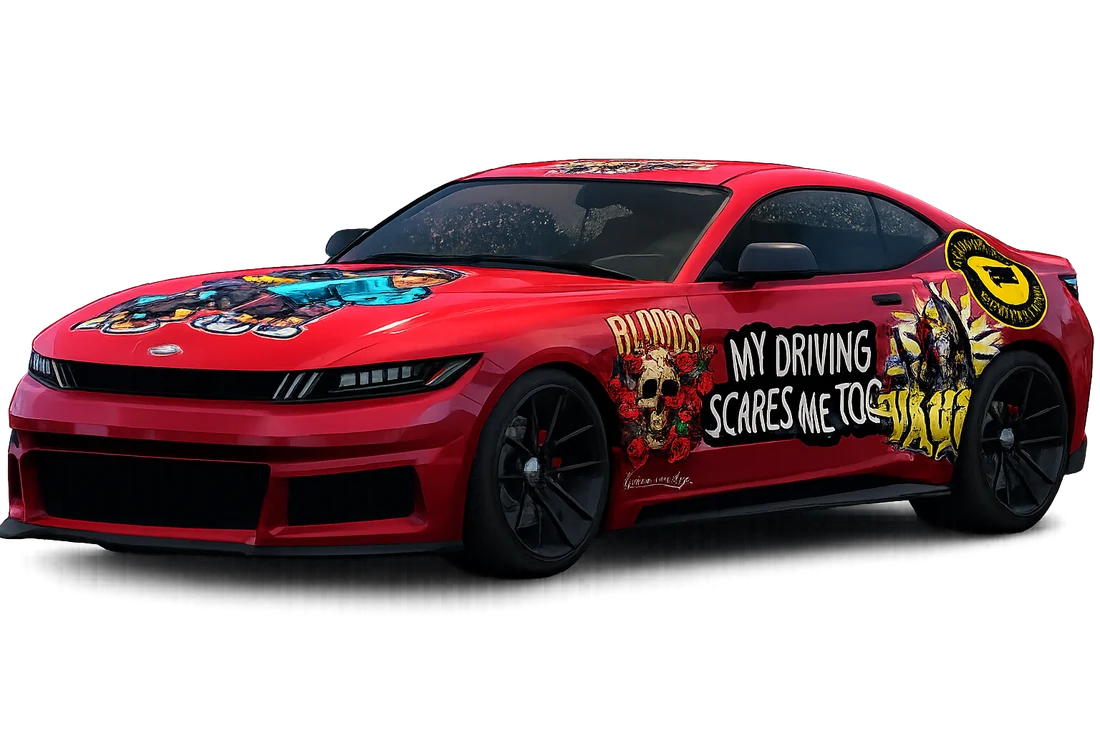 Bloods vehicle sticker wrap laid across a red muscle car